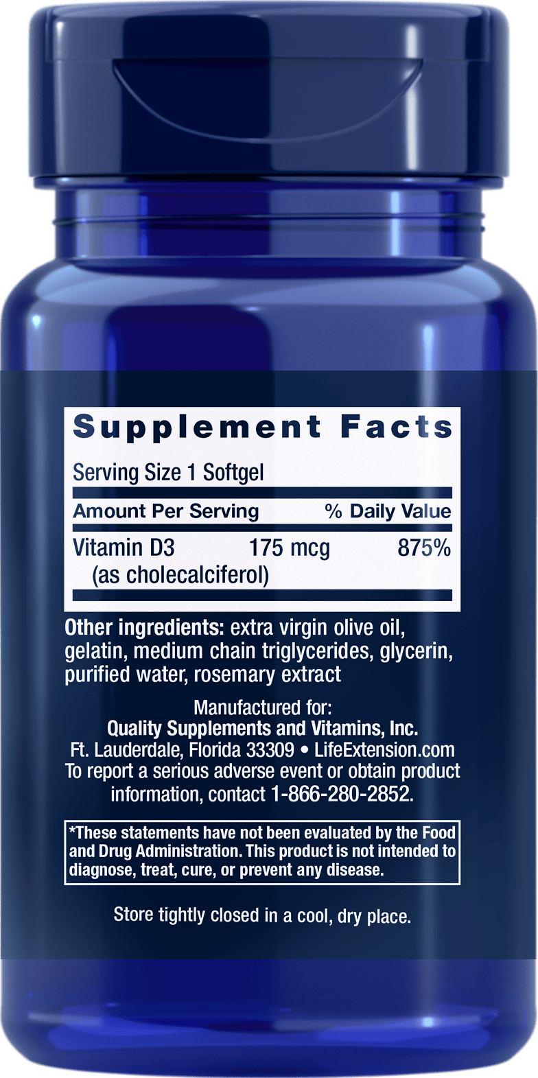 Vitamin D3 supplement facts label