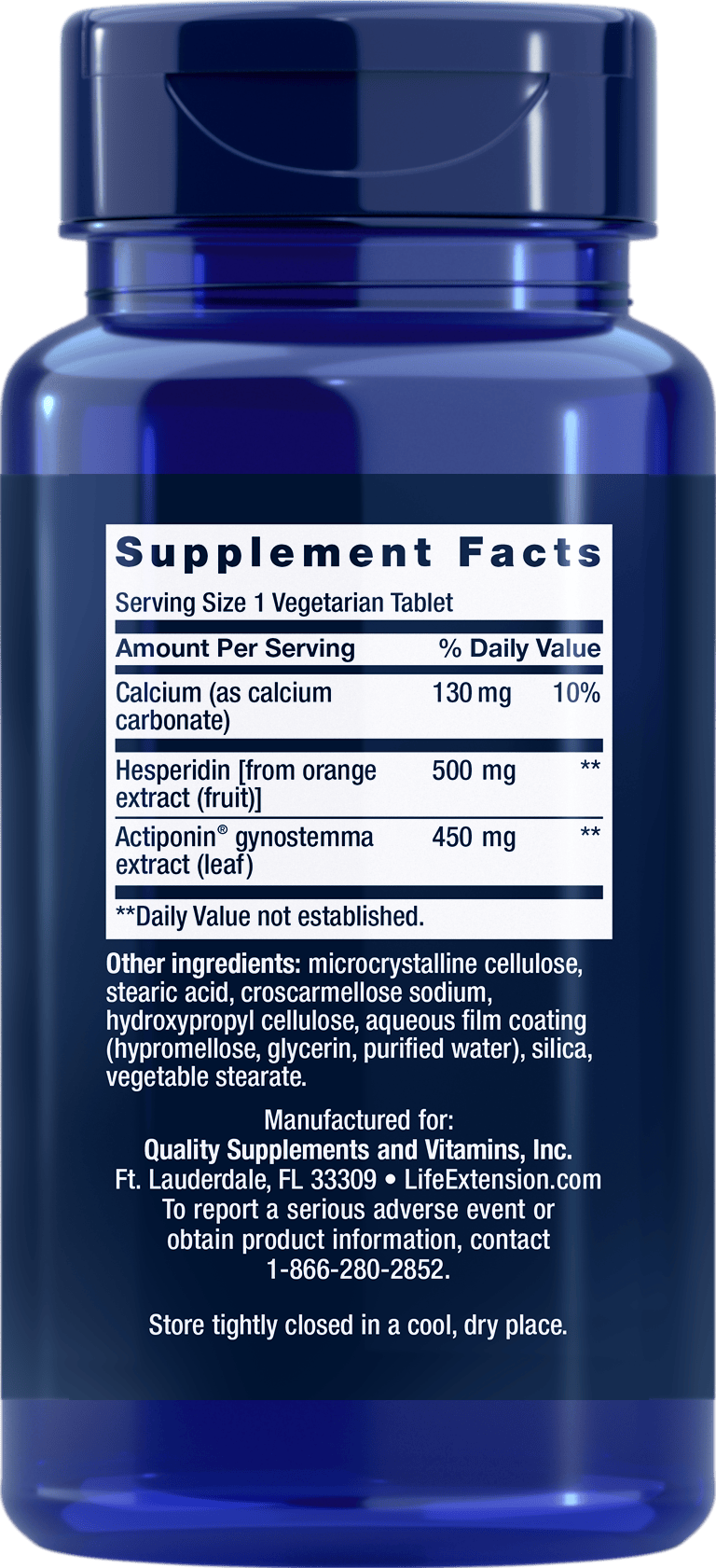 Supplement Facts on a blue bottle, including calcium and hesperidin.