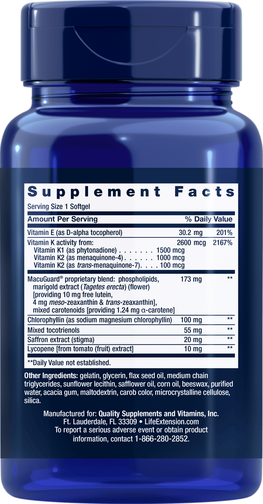 Supplement Facts label for MacuGuard Supplement