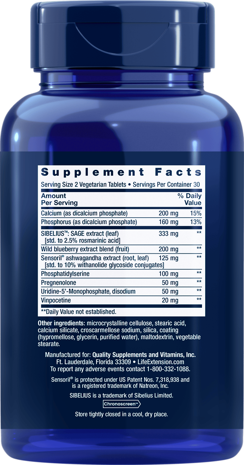 Supplement Facts label for SIBELIUS® Sage Extract capsules
