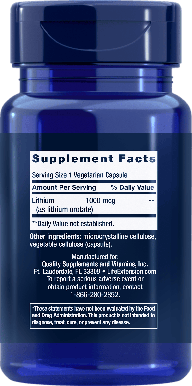 Life Extension Lithium Supplement Facts Label