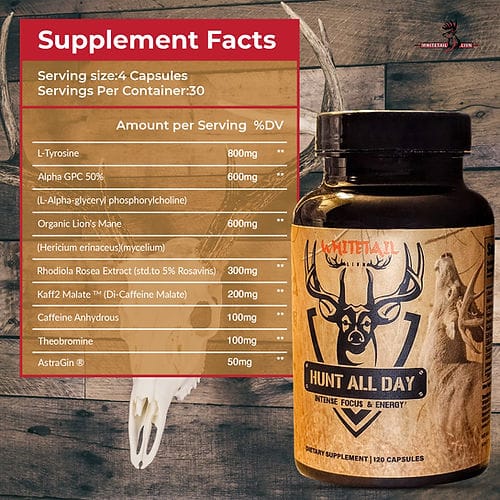 Hunt All Day supplement facts & bottle with key ingredients.