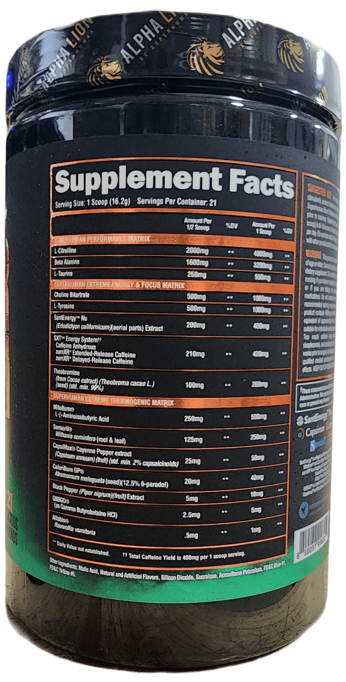 Black supplement container with nutrition facts label.
