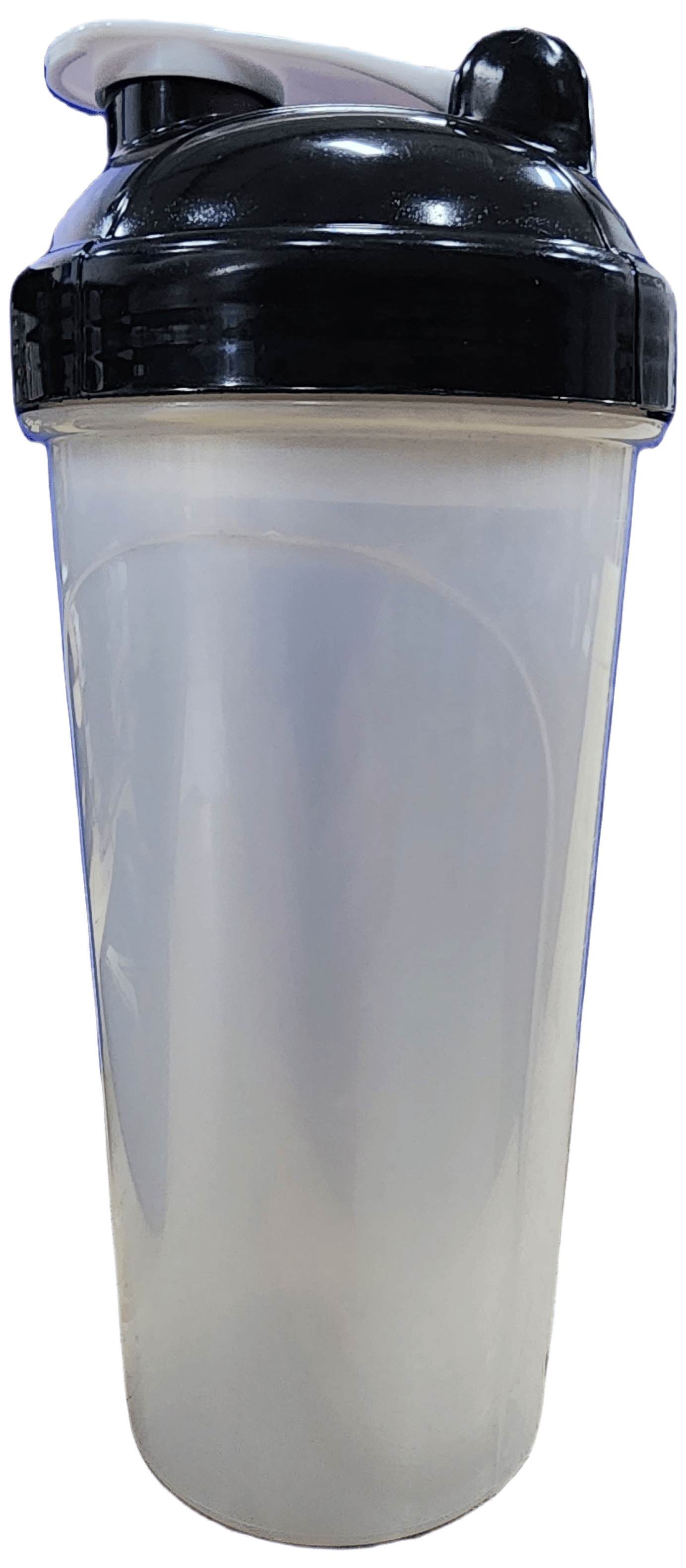 Plastic shaker bottle with black lid.