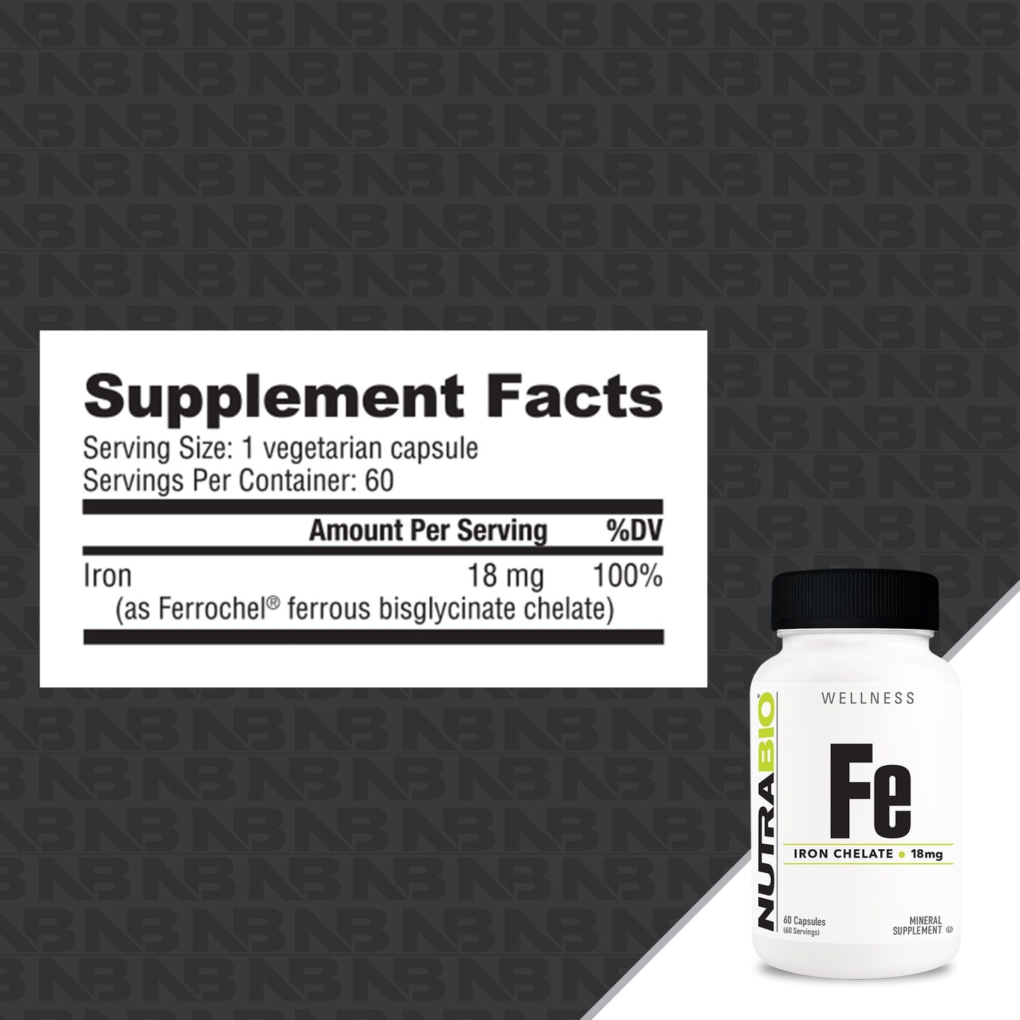 Bottle of iron supplement next to supplement facts label.