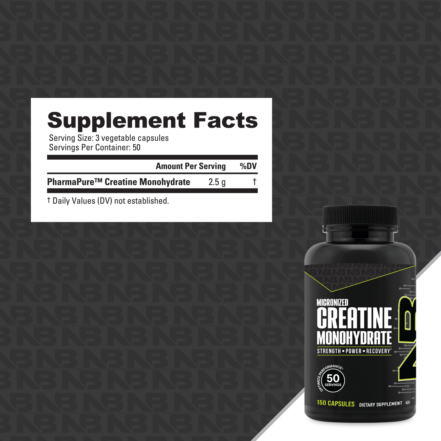 Black creatine supplement bottle and nutrition facts label.