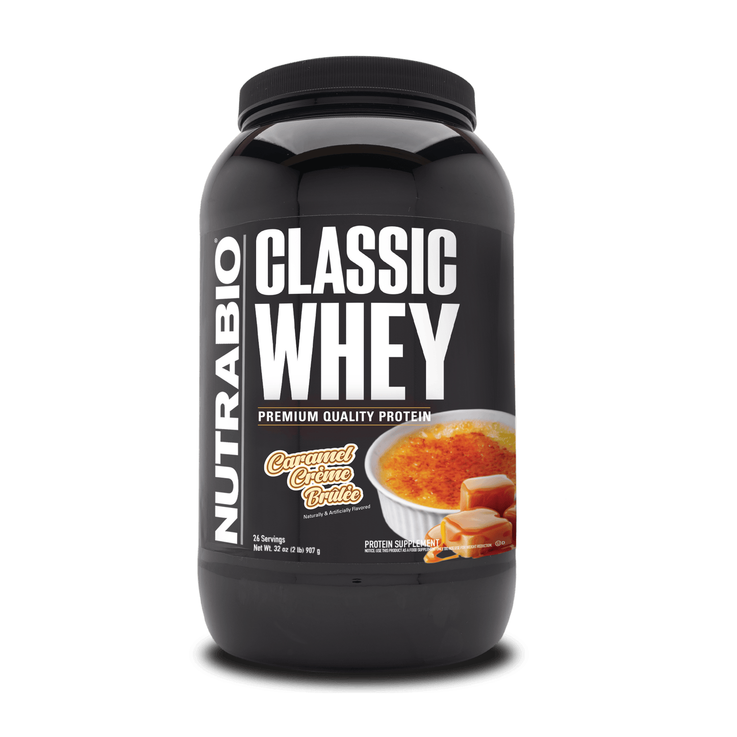 Black protein powder tub with caramel crème brûlée label.