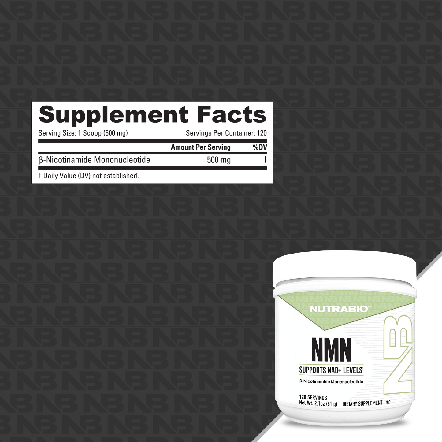 Supplement facts label and NMN supplement jar.