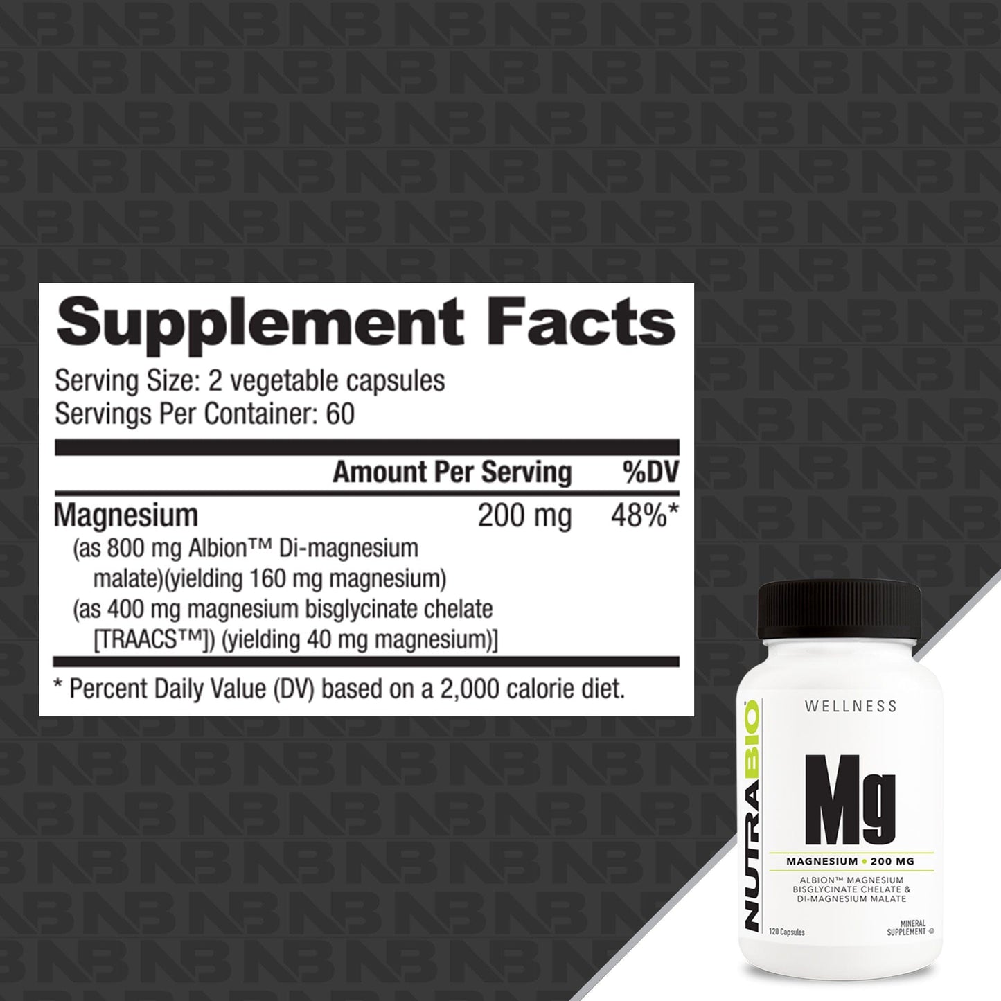 Supplement facts label and bottle of magnesium supplements.