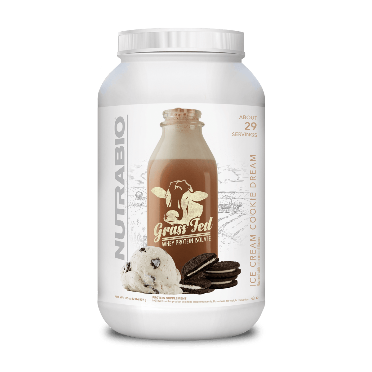 Protein powder container with ice cream illustration.