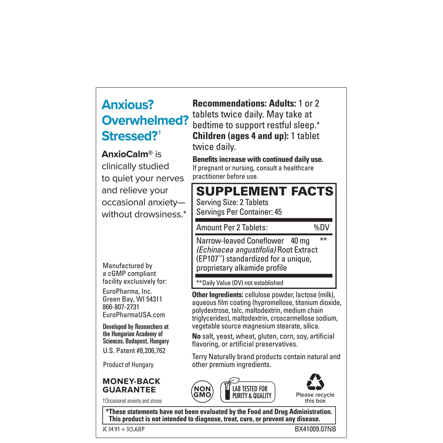 Supplement facts label for AnxioCalm tablets.