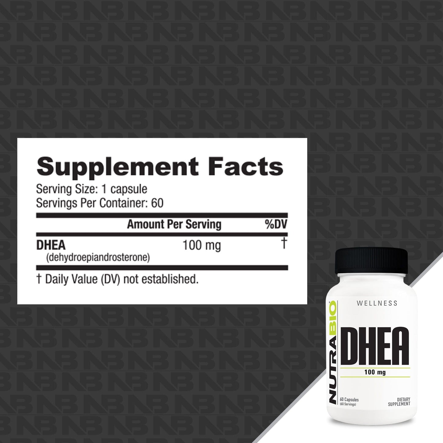 Supplement facts label and DHEA supplement bottle.