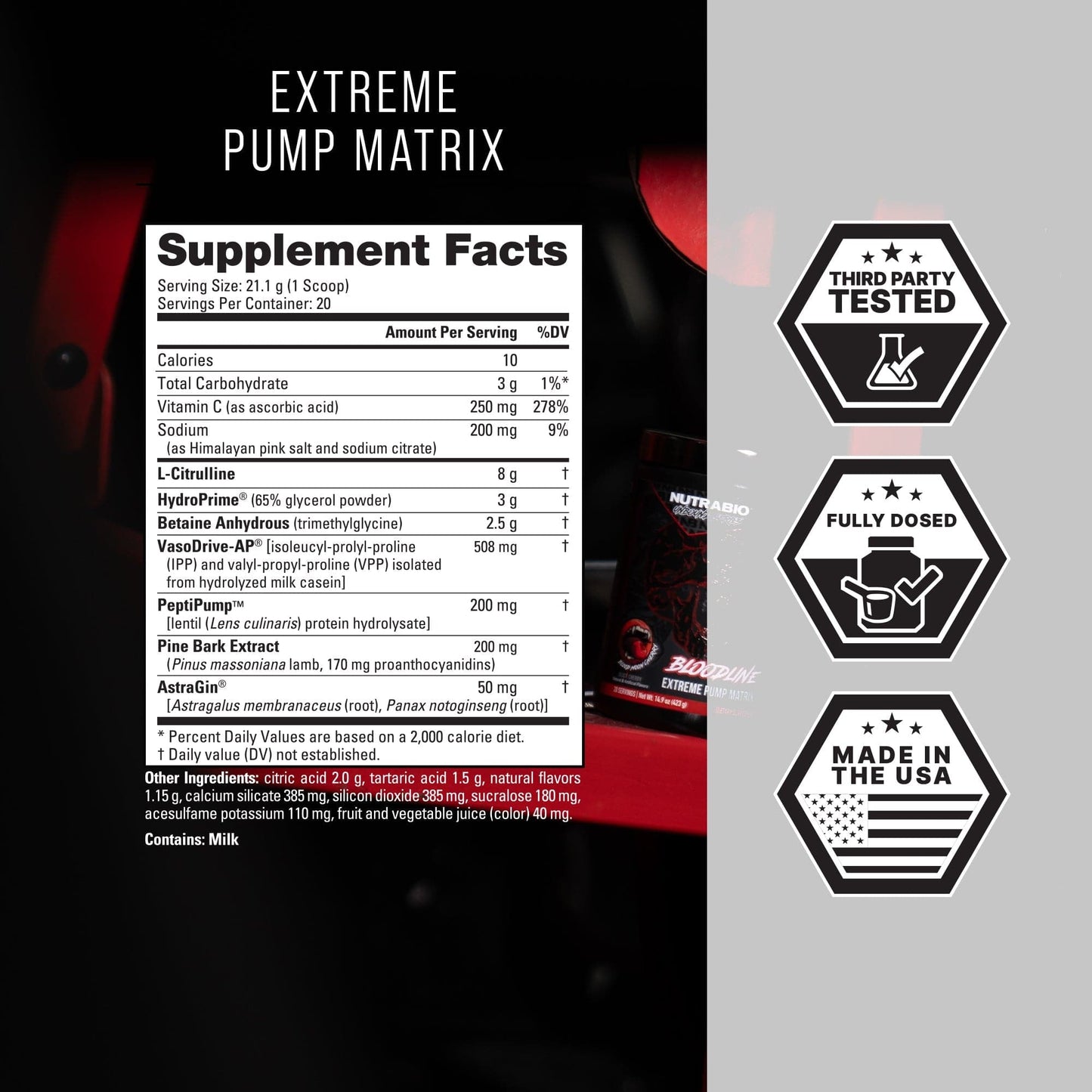 Supplement facts label with ingredients.