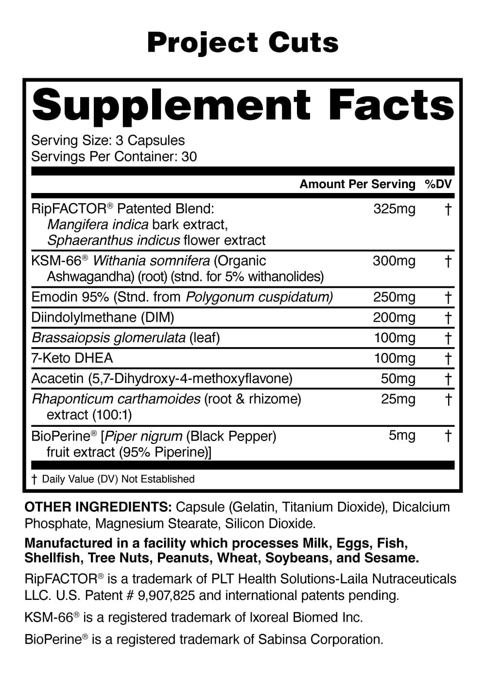 Project Cuts Supplement Facts label