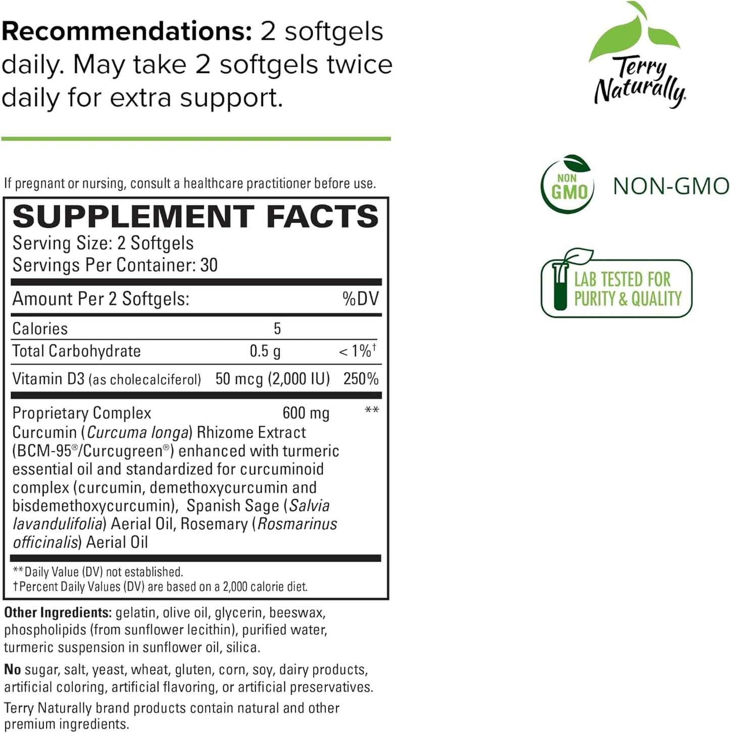 Terry Naturally supplement facts label for 2 softgels