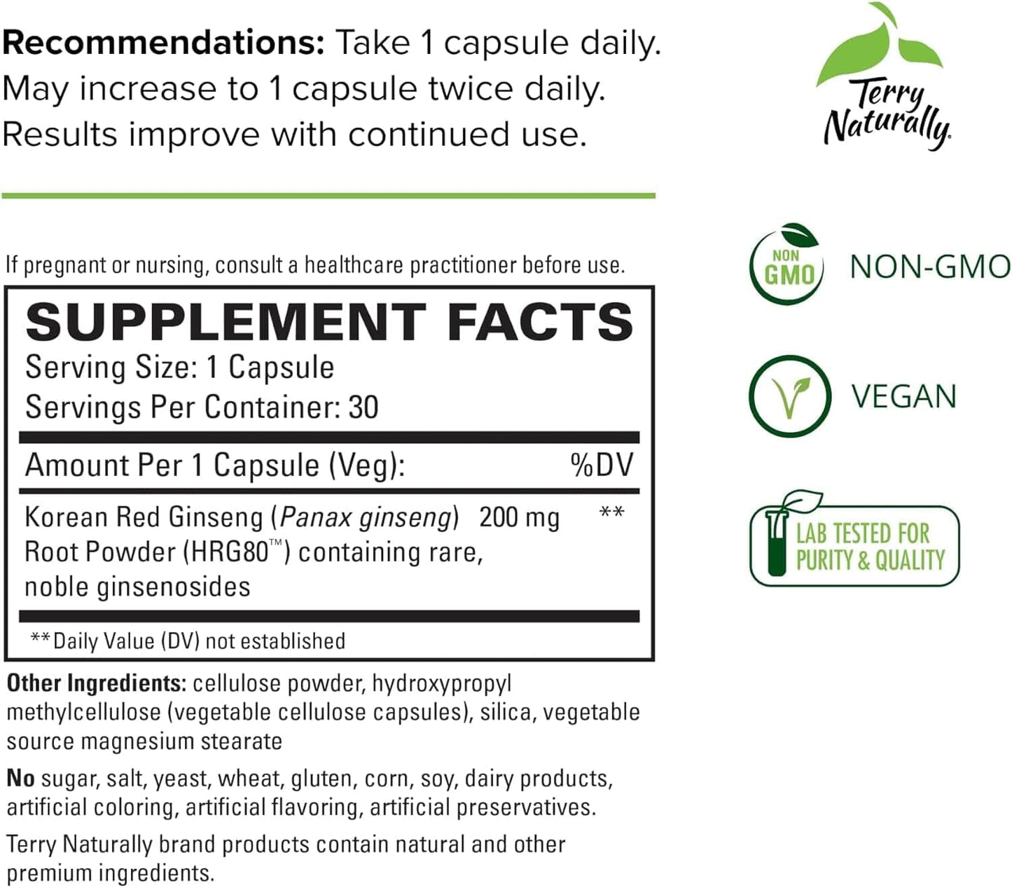 Terry Naturally Korean Red Ginseng supplement facts, vegan, GMO-free.