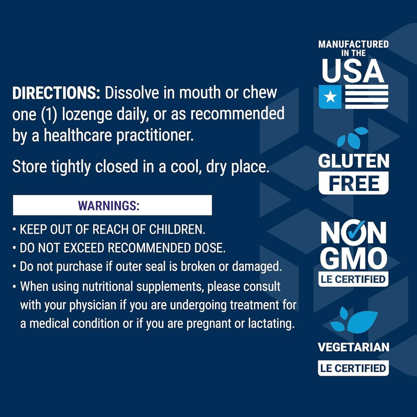 Supplement lozenge directions & warnings, Gluten Free, Non-GMO, Vegetarian