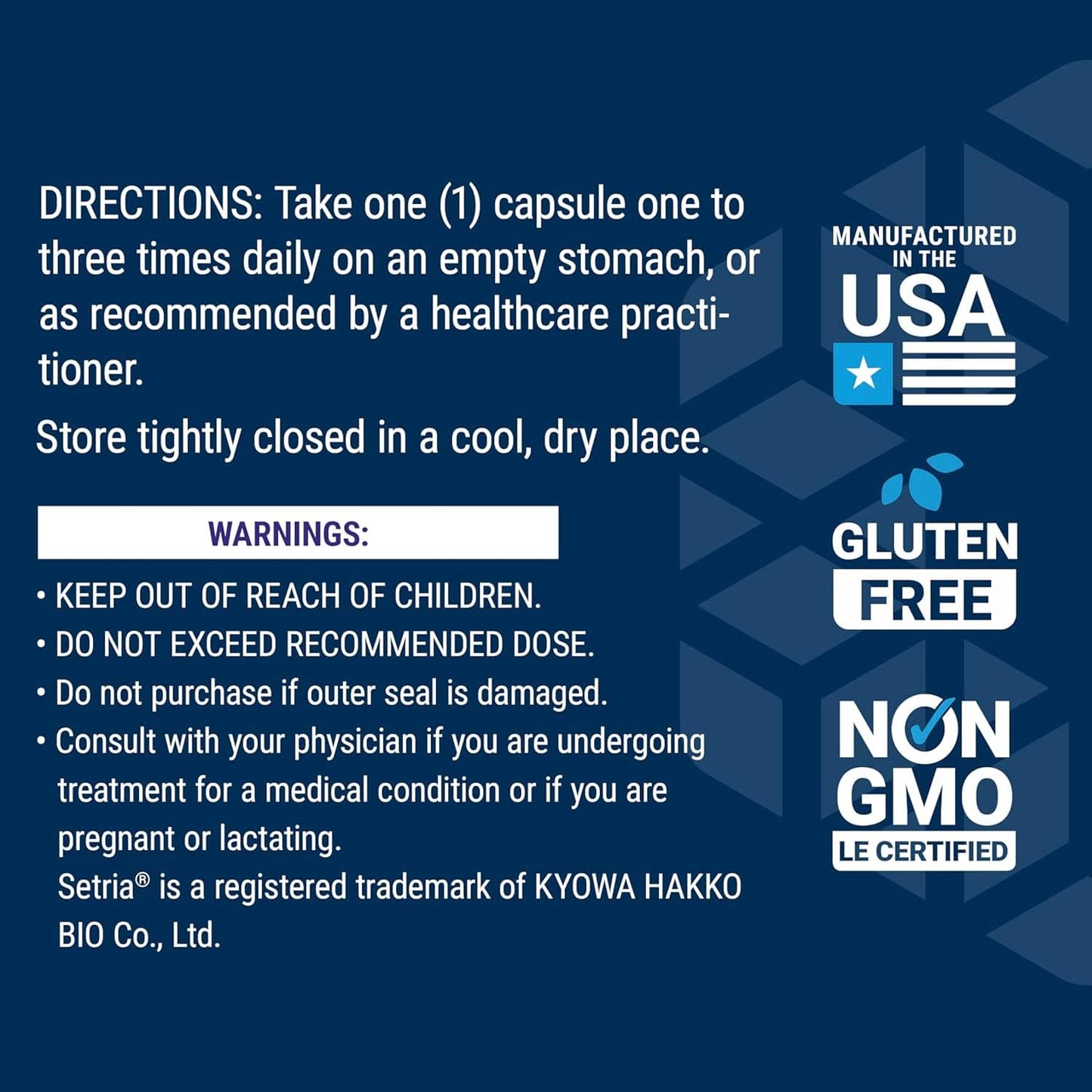 Supplement directions, made in USA, gluten-free, non-GMO