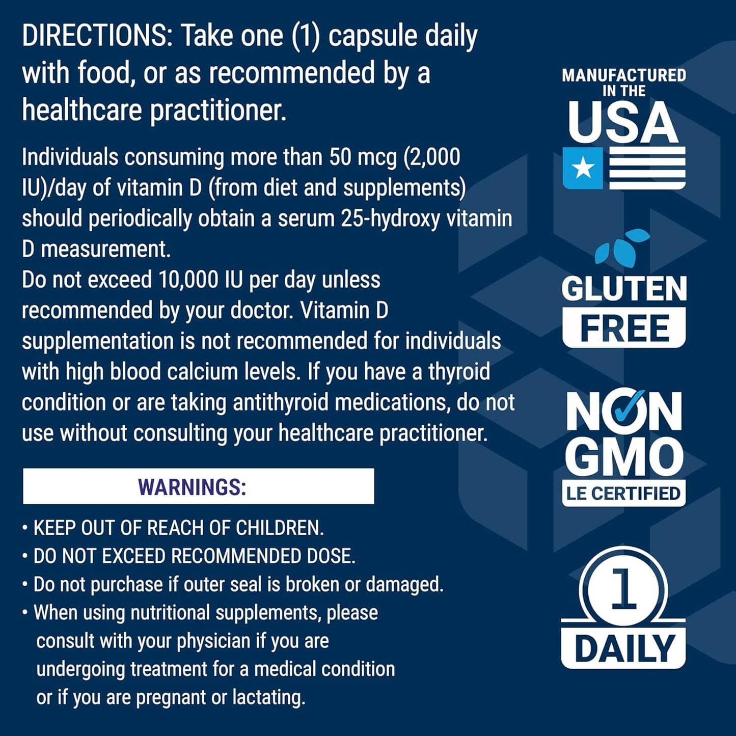 Vitamin D supplement directions and warnings