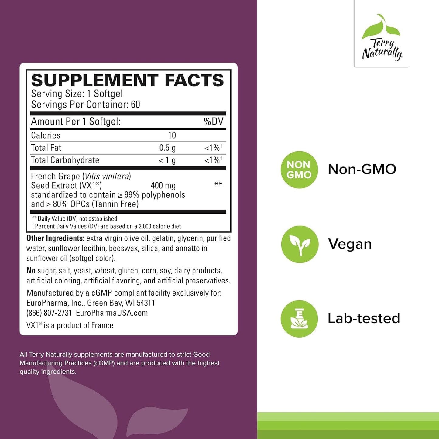 Terry Naturally VX1 French Grape Seed Extract Supplement Facts