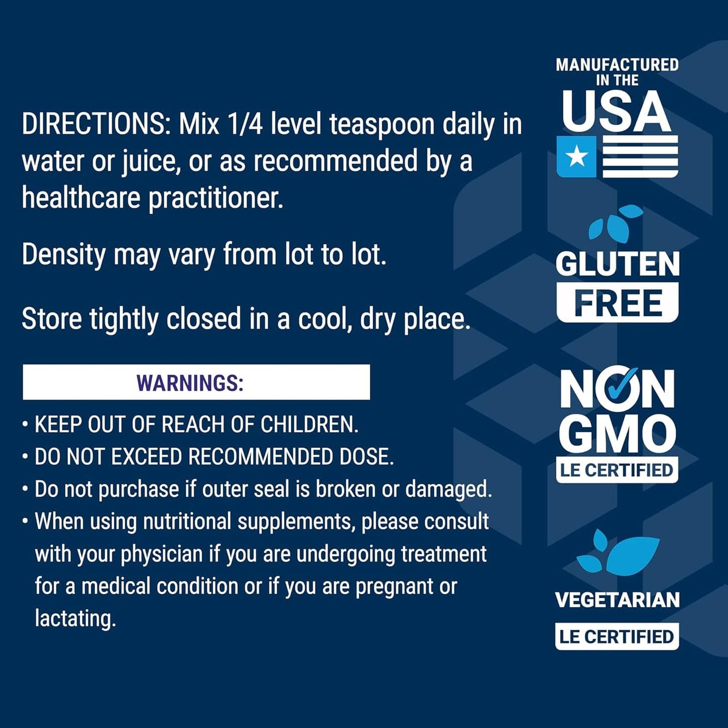 Nutritional supplement instructions & warnings, gluten free, non-GMO