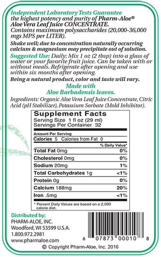 Pharm-Aloe Aloe Vera Juice 4x Concentrate - Pure Inner Leaf Gel