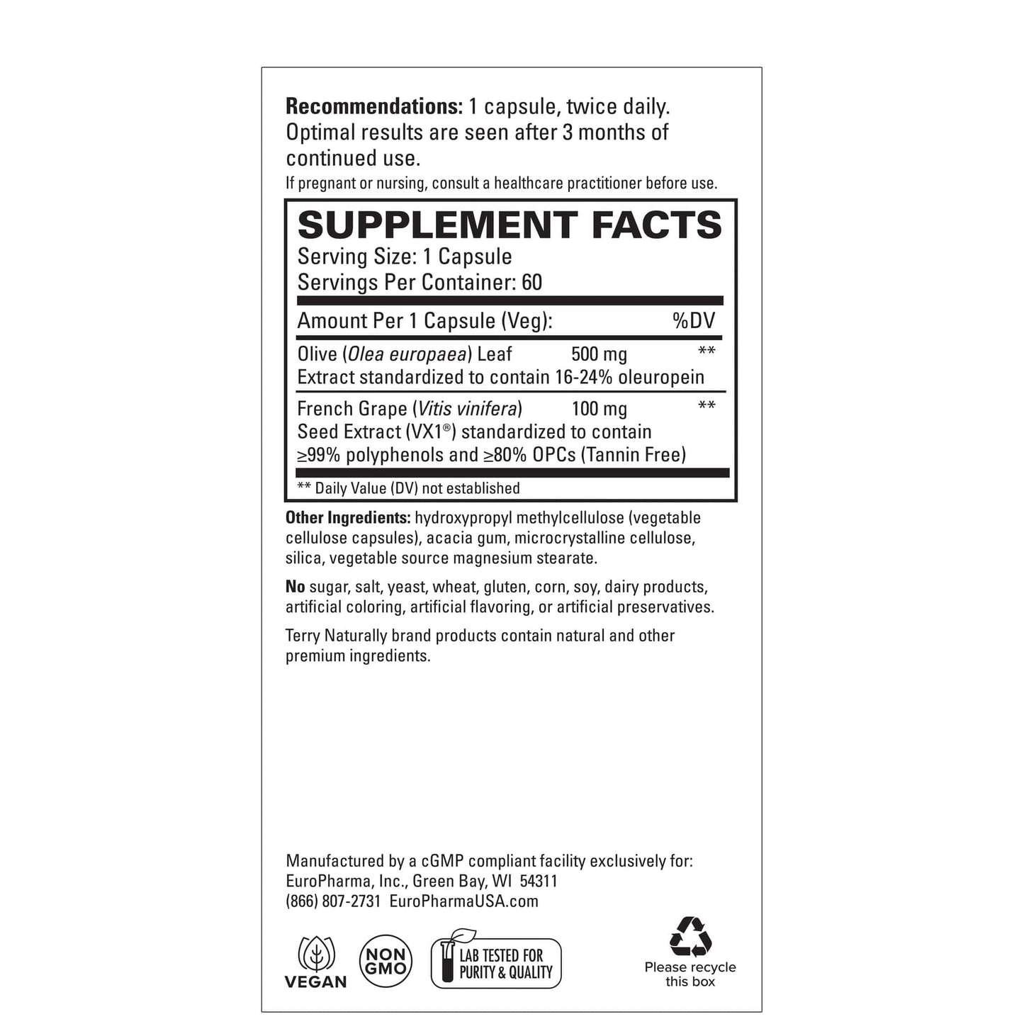Blood Pressure Supplement Facts - Olive Leaf & French Grape
