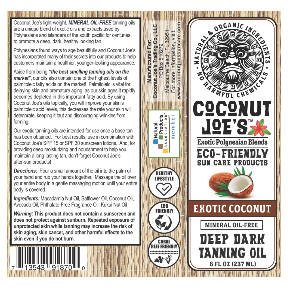 Coconut Joe's Mineral Oil-Free Deep Dark Tanning Oil 8 FL OZ Exotic Coconut