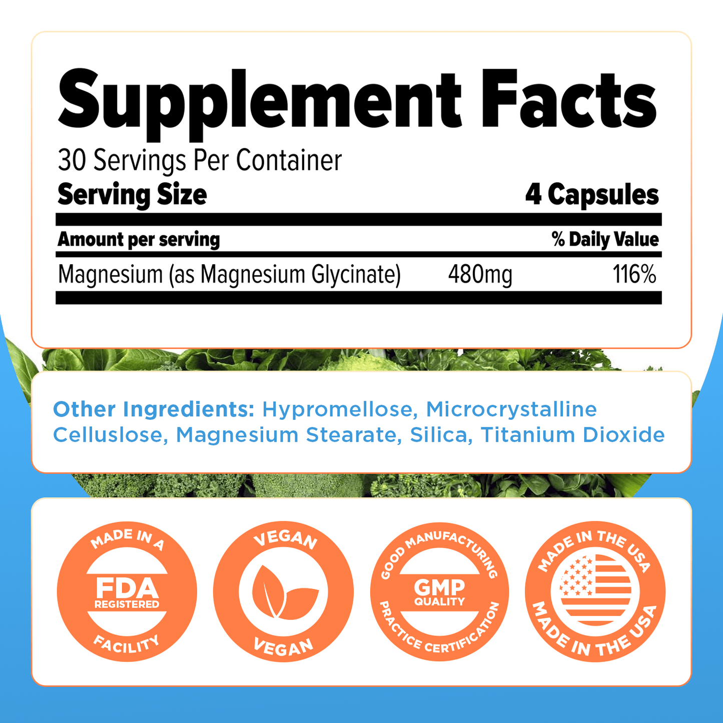 Supplement facts label for magnesium supplement.