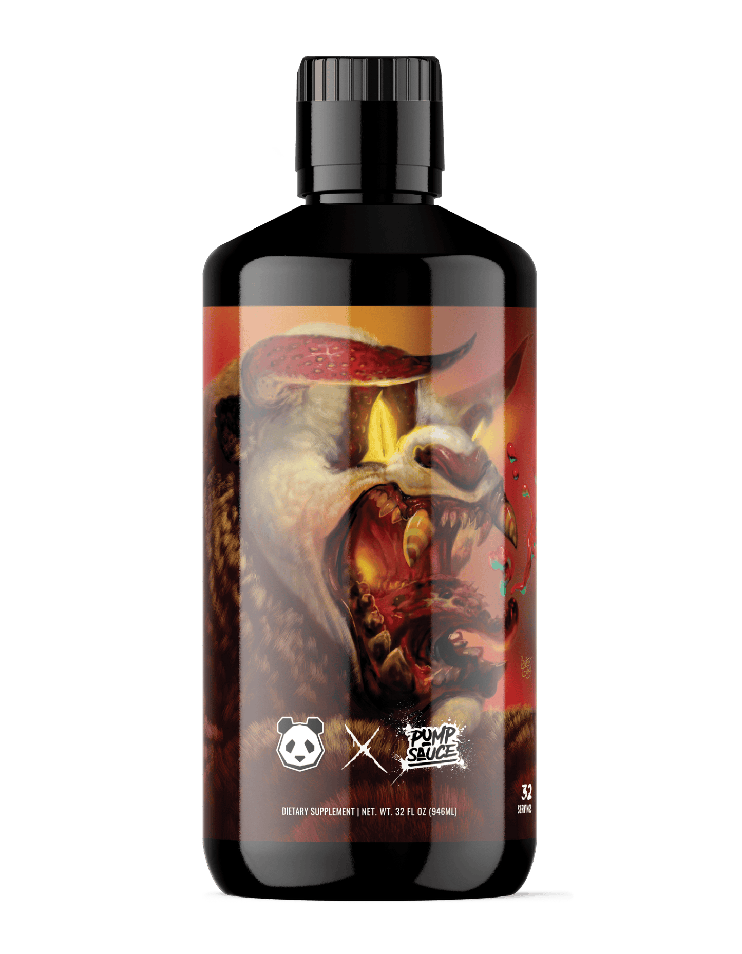 Black bottle of supplement with monster graphic.