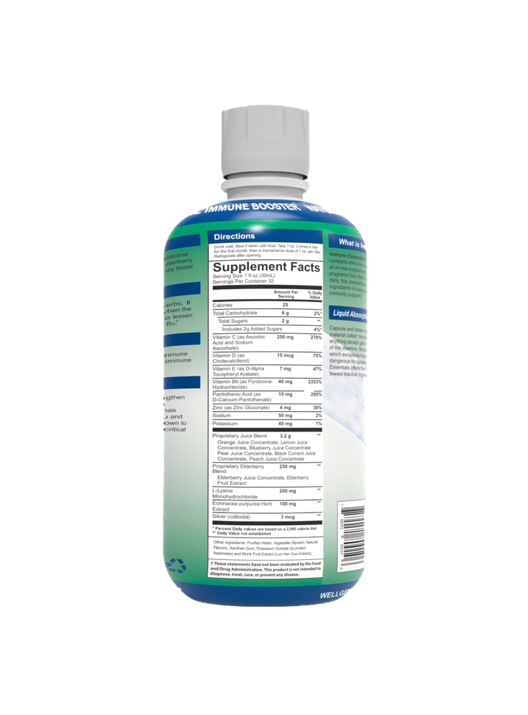 ImmuneEssentials 32oz liquid supplement bottle with supplement facts.