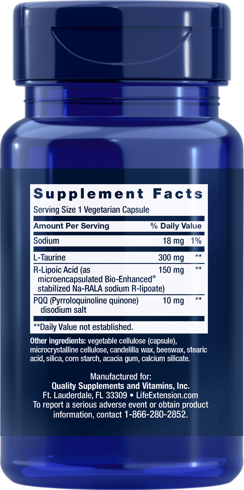 Supplement facts label of Life Extension supplement.