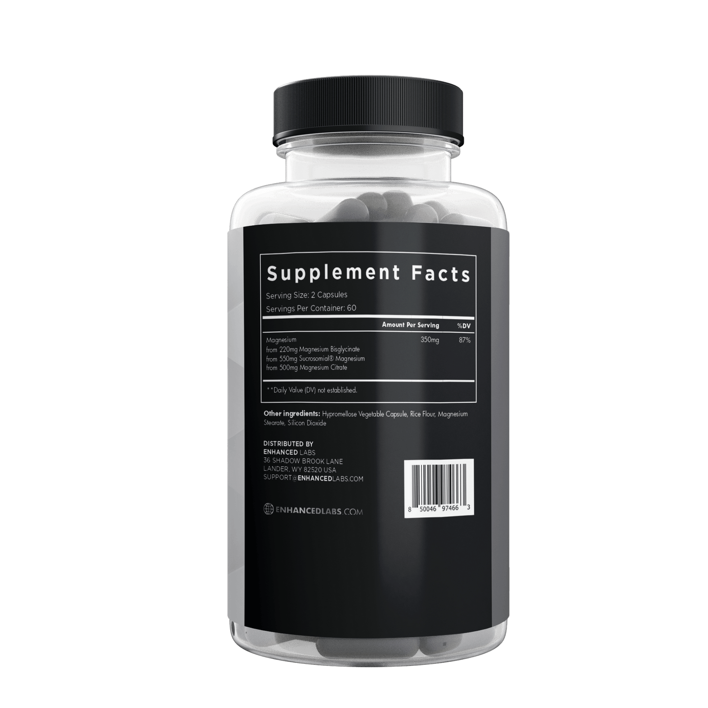 Magnesium supplement bottle back view with supplement facts.