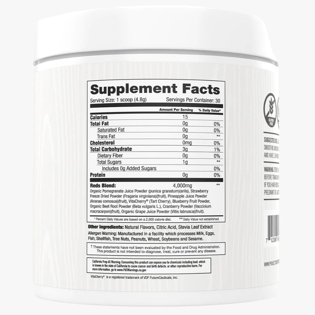 Reds supplement facts label with nutrition information