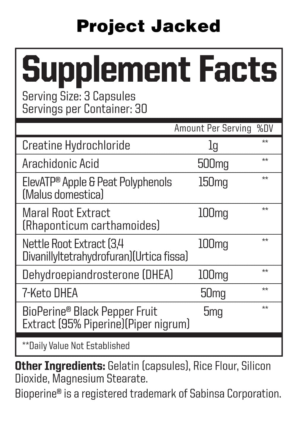 SFP Project Jacked supplement facts label