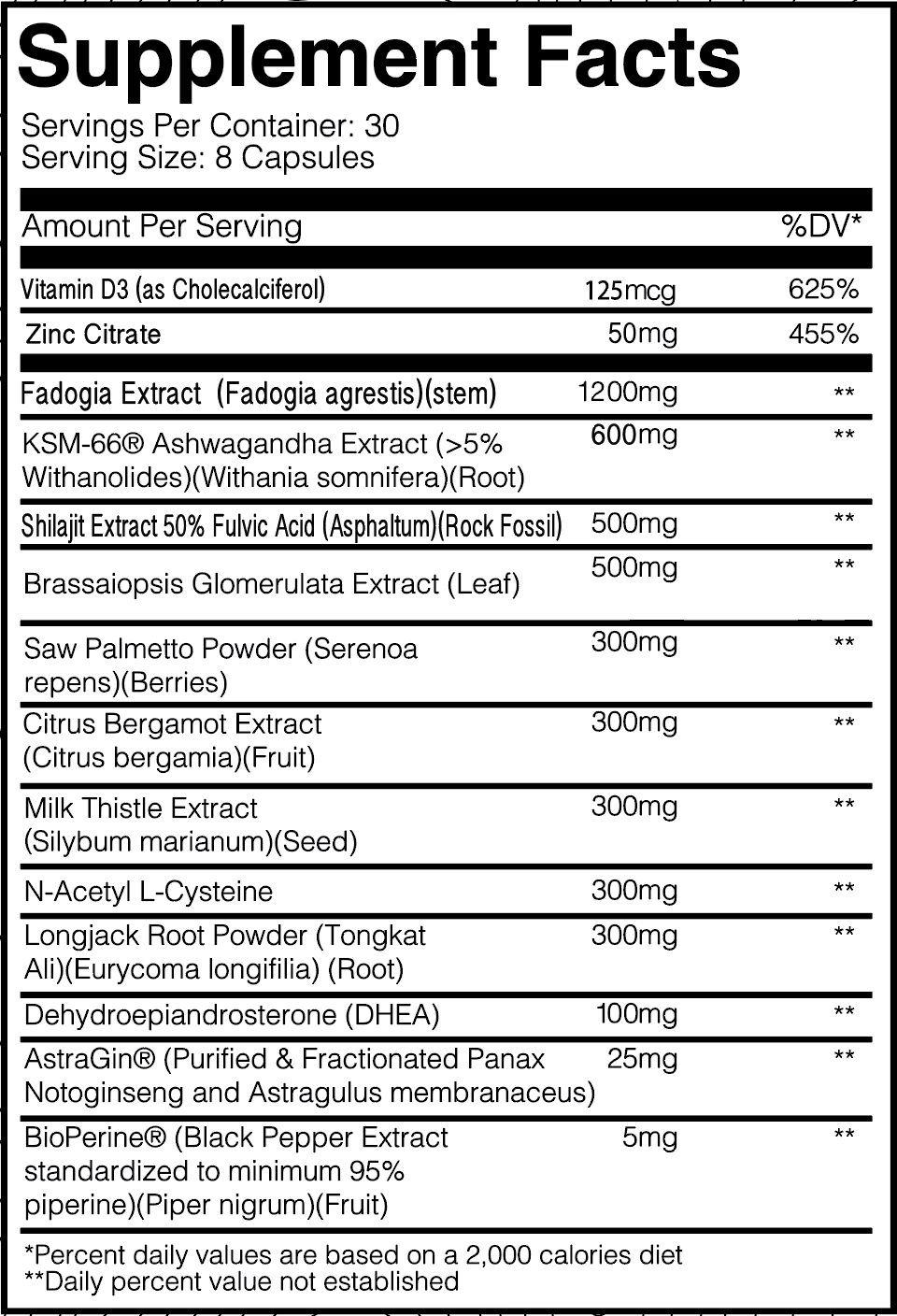Supplement Facts panel showing ingredients and amounts.