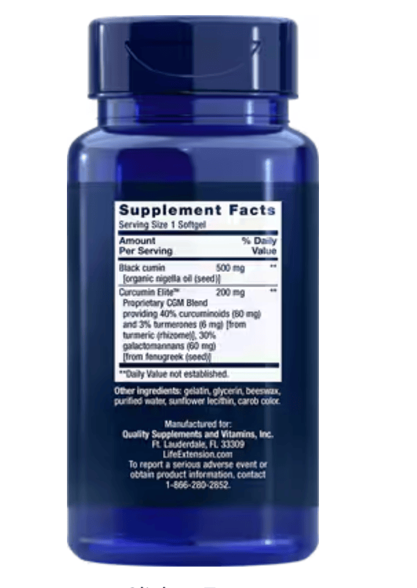 Life Extension Curcumin Elite supplement facts, screenshot April 30, 2025