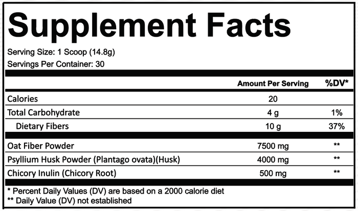 Supplement Facts label with Oat Fiber, Psyllium Husk, and Chicory Inulin.