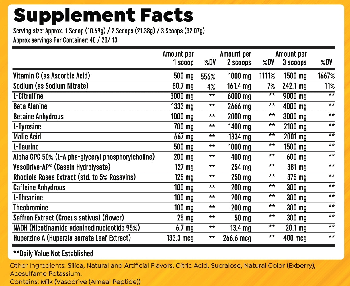 Supplement facts for supplement product, showing dosages per scoop.