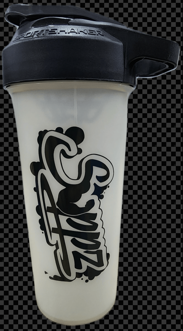 Screenshot of a white sports shaker bottle with black design.