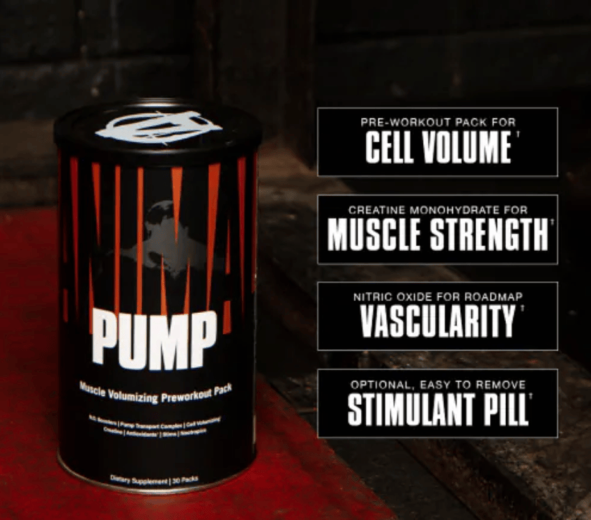 Animal Pump pre-workout for cell volume, muscle strength, and vascularity.