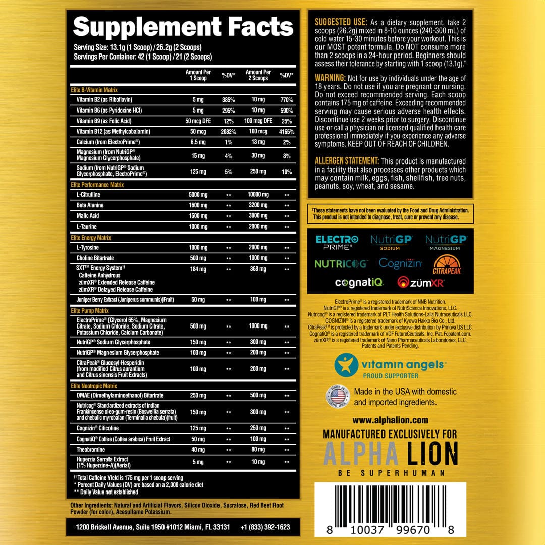 Superhuman Elite King Lemonade Alpha Lion Supplement Facts