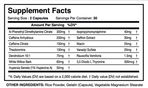 T2 Xtreme Nutrition supplement facts label
