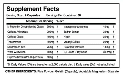 T2 Xtreme Nutrition supplement facts label