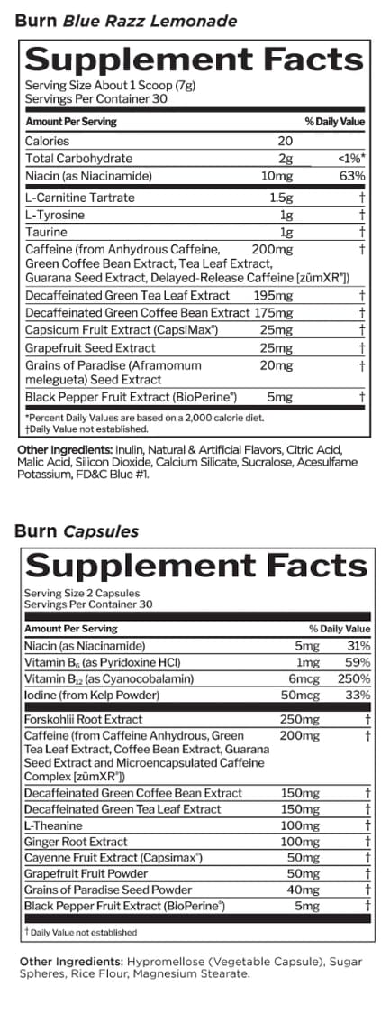 Burn Blue Razz Lemonade & Capsules Supplement Facts