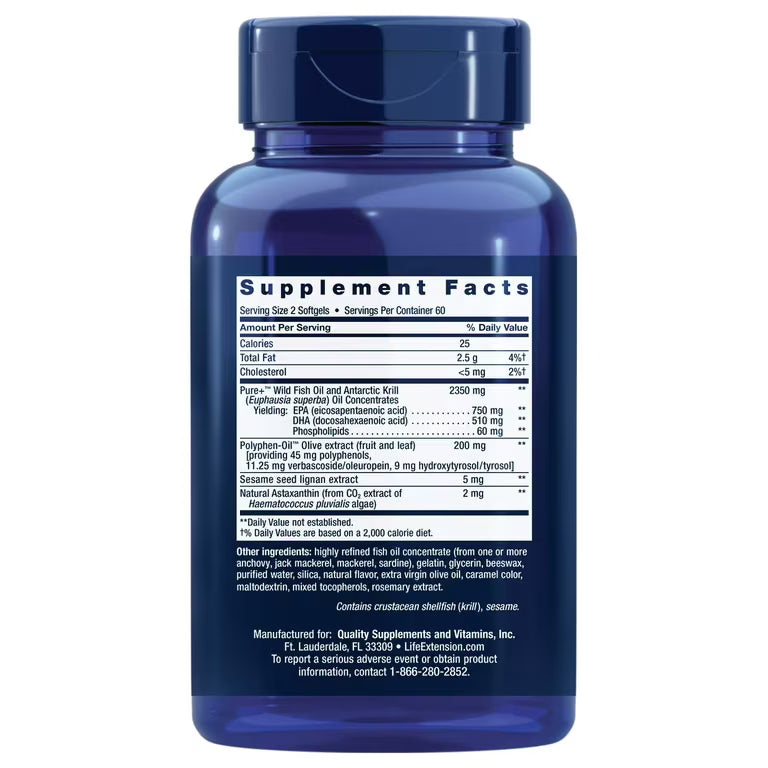 Life Extension Super Omega-3 Plus EPA/DHA Fish Oil, Sesame Lignans, Olive Extract, Krill & Astaxanthin