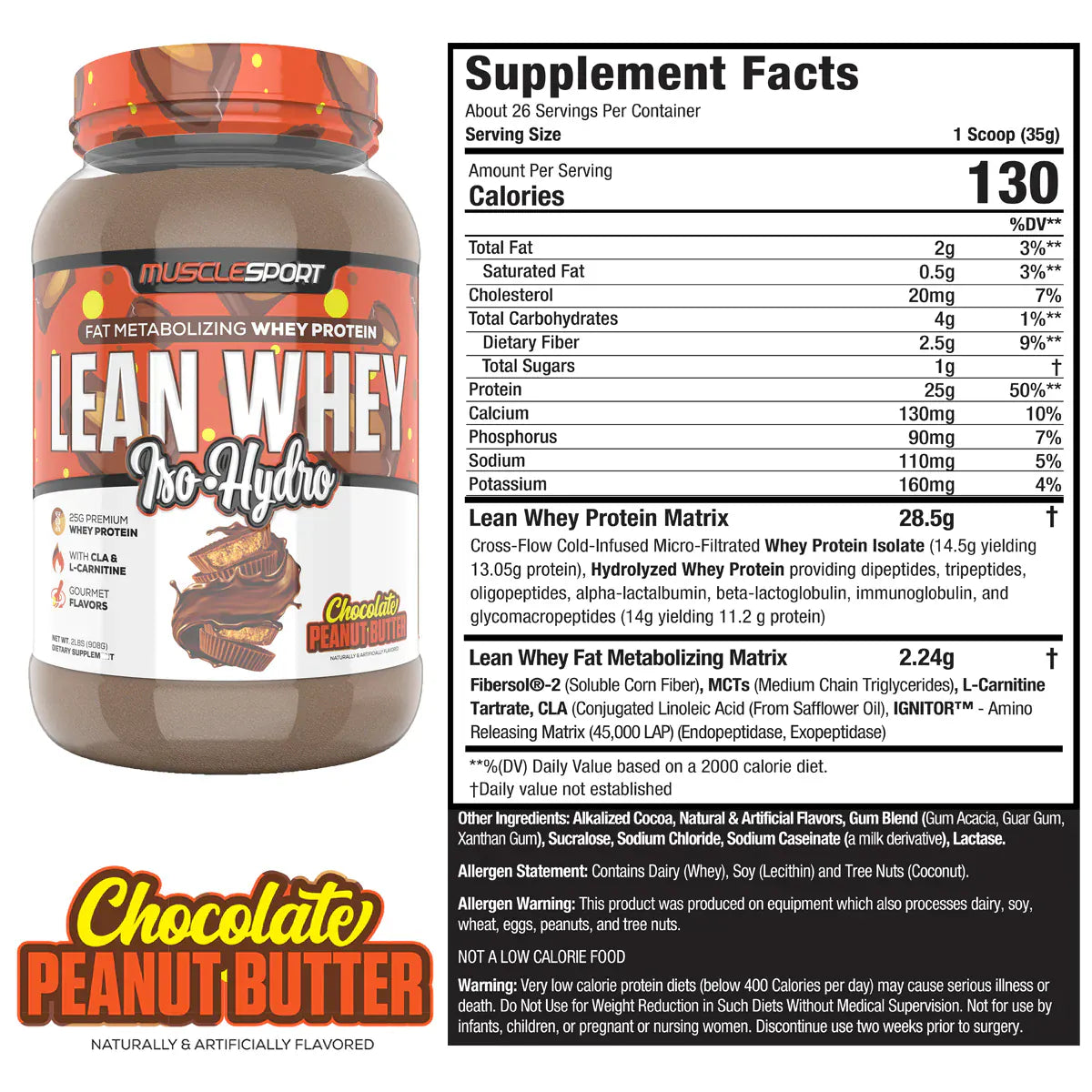 MuscleSport Lean Whey Chocolate Peanut Butter protein supplement
