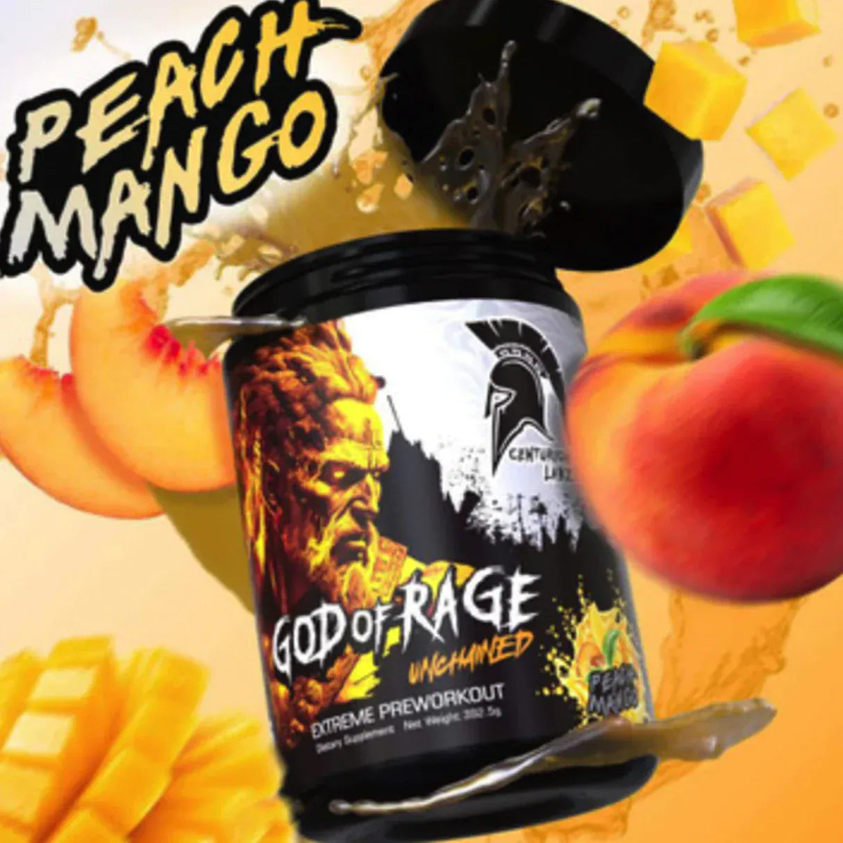 God of Rage Unchained pre-workout, Peach Mango flavor
