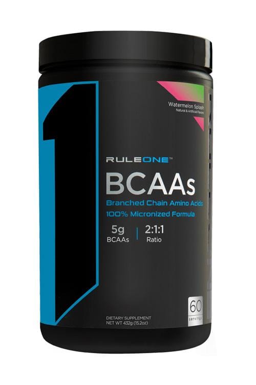 Black tub of Rule One BCAAs supplement.