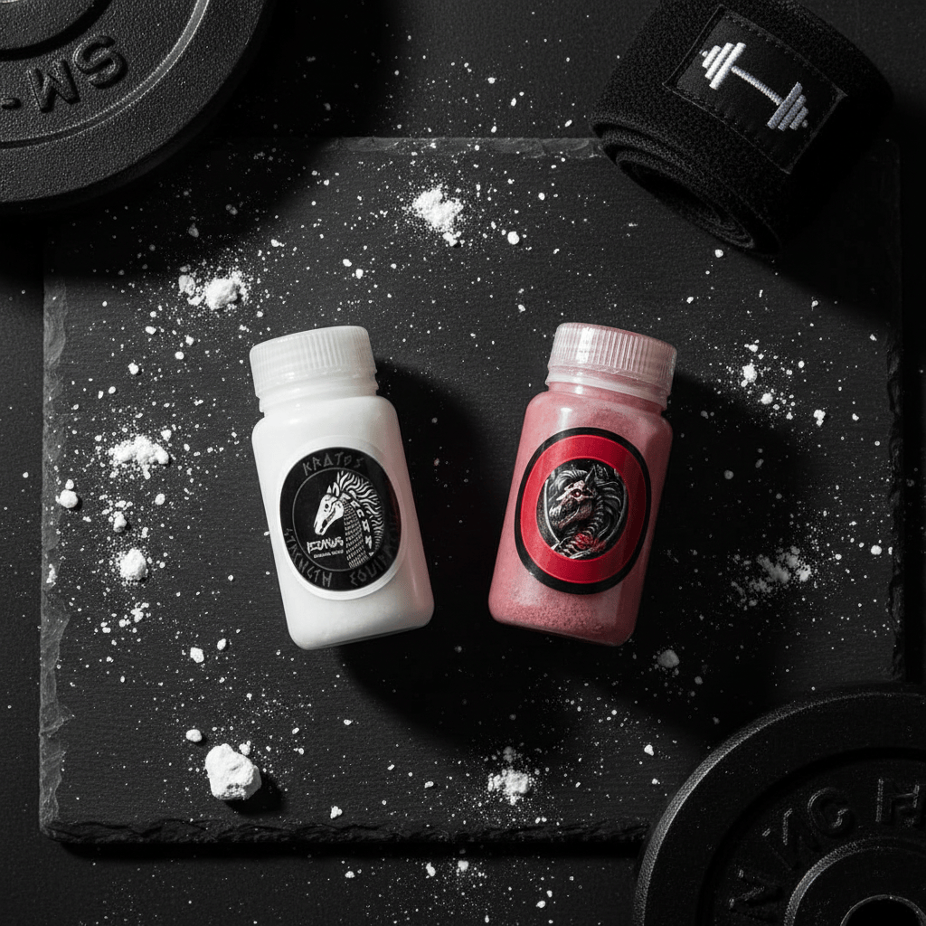 Pegasus Smelling Salts bottles with gym chalk, iron plates and wrist wrap on dark surface